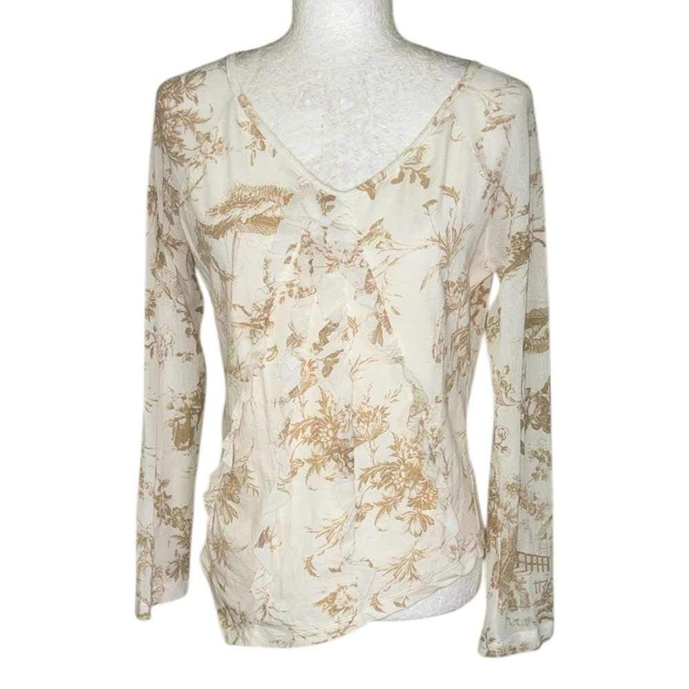 Cristina Gavioli Cream Tan Floral Toile Print Mesh Ruffle Asymmetrical Top - 12